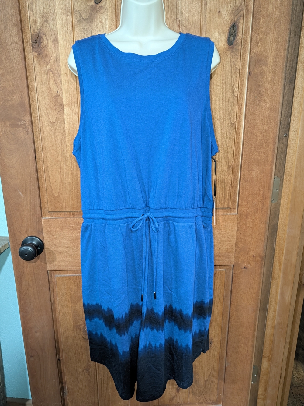 Blue Tie-Dye Sleeveless Drawstring Casual Dress